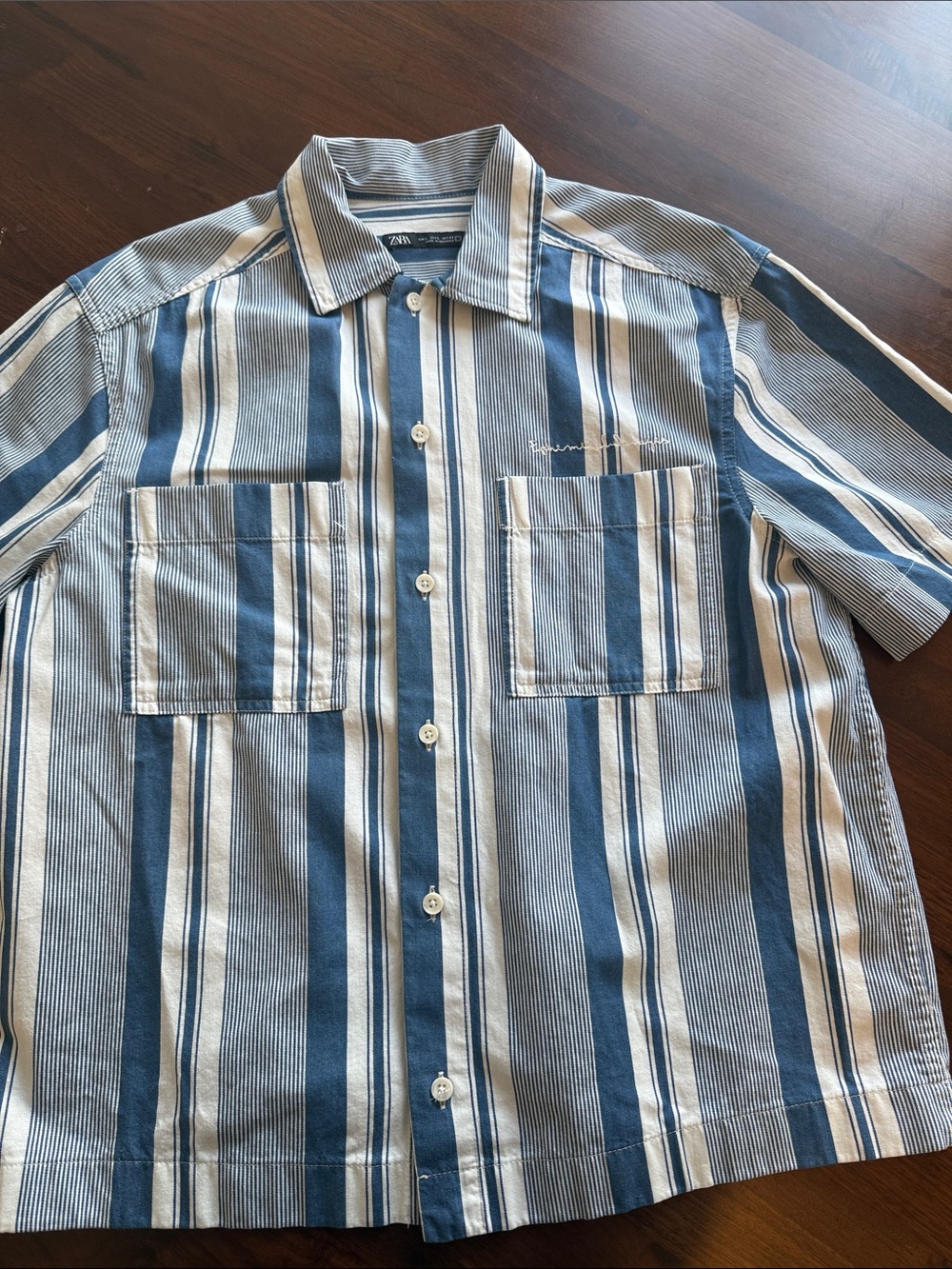 Zara Blue and White Vertical Stripe Short-Sleeve Button-Down Shirt large men